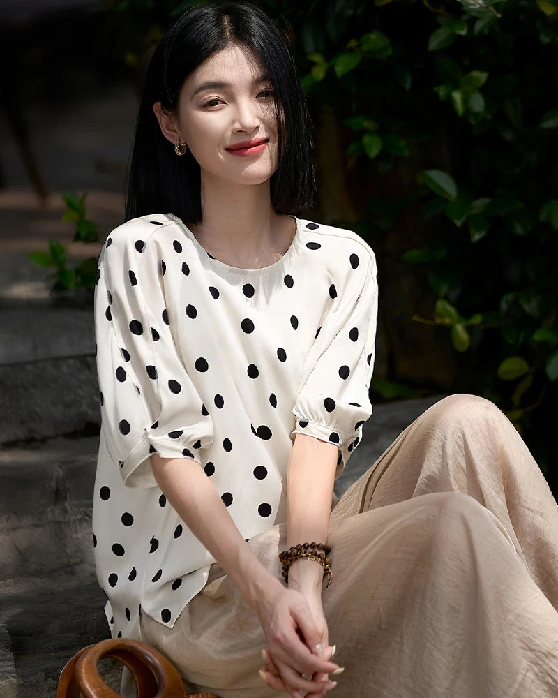 Round Neck Polka Dot Silk Blouse, White and Black