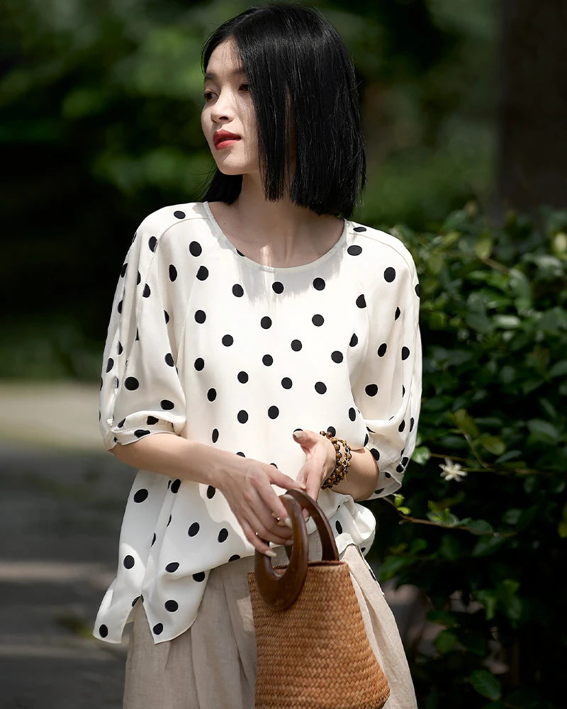 Round Neck Polka Dot Silk Blouse, White and Black