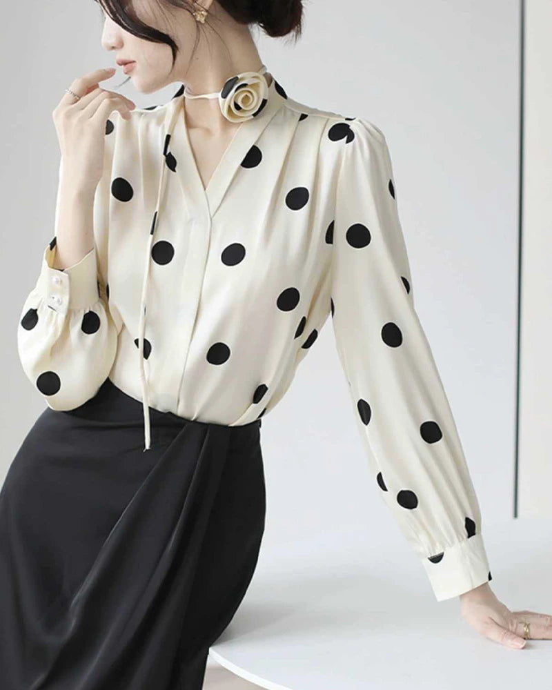 Polka Dot Silk Blouse with Rose Choker, Cream and Black