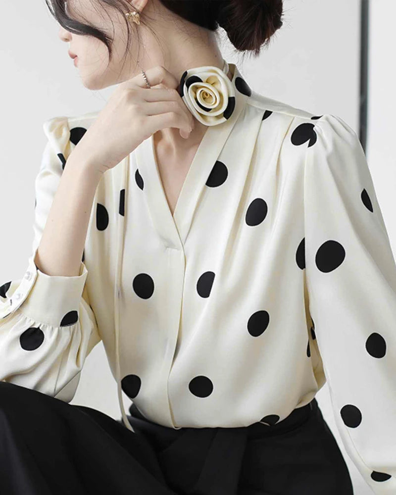 Polka Dot Silk Blouse with Rose Choker, Cream and Black
