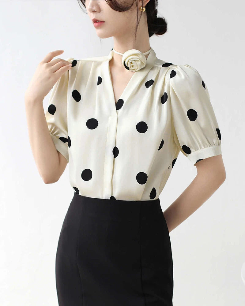 Silk Polka Dot Top with Rose Choker, Cream and Black