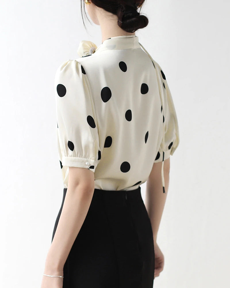 Silk Polka Dot Top with Rose Choker, Cream and Black
