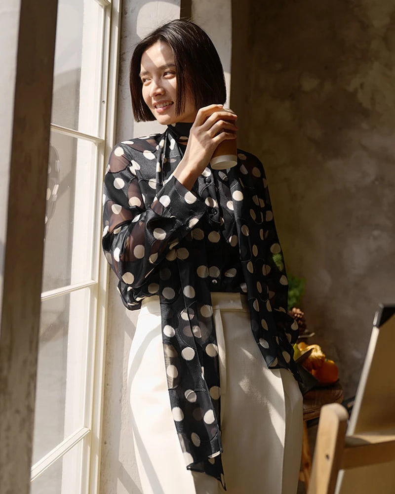Polka Dot Silk Blouse, Black and White