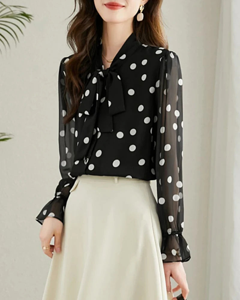 Polka Dot Silk Blouse with Ruffles, Black and White
