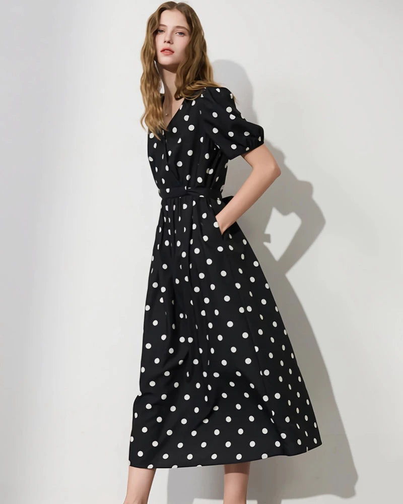 Polka Dot Silk Dress V Neck Short Sleeve, Black and White