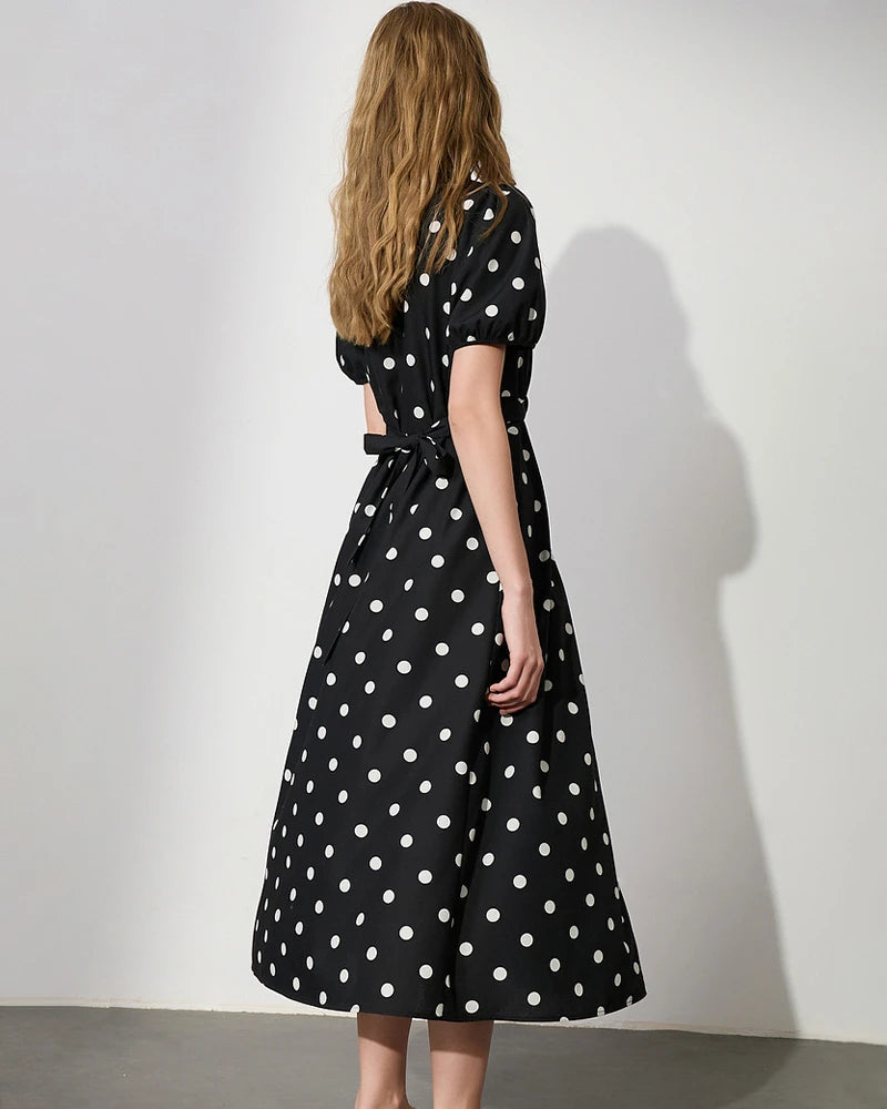 Polka Dot Silk Dress V Neck Short Sleeve, Black and White