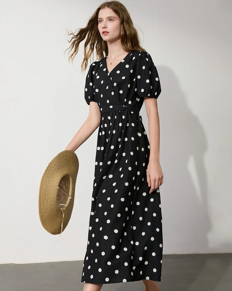 Polka Dot Silk Dress V Neck Short Sleeve, Black and White