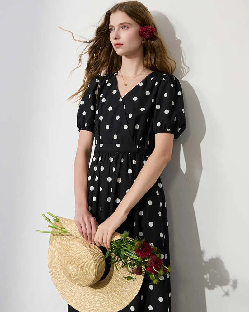 Polka Dot Silk Dress V Neck Short Sleeve, Black and White