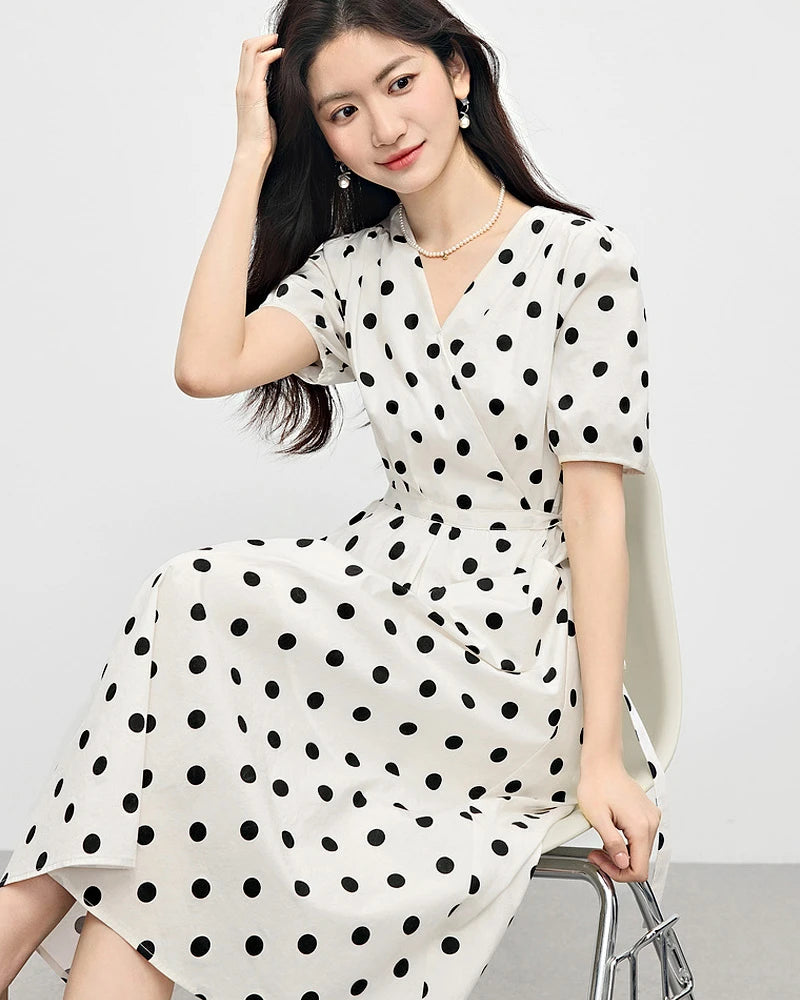 Polka Dot Silk Dress V Neck Short Sleeve, White and Black
