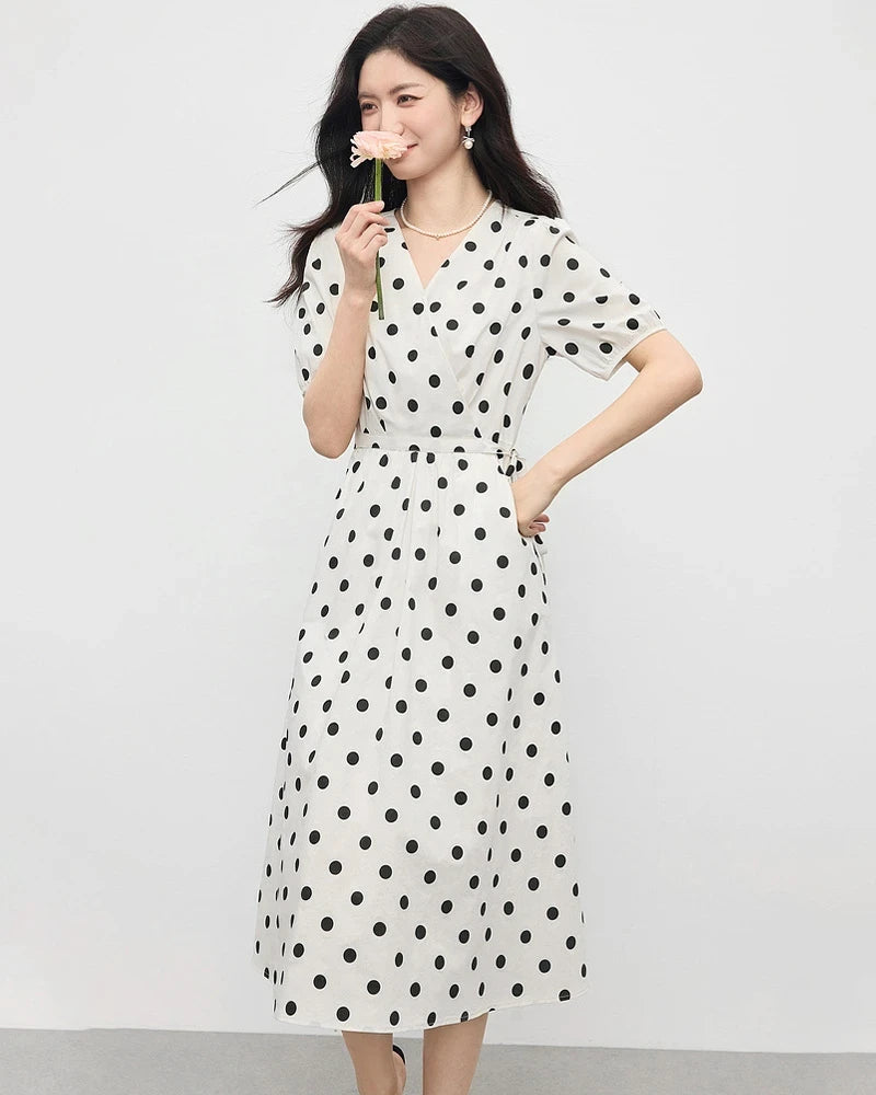 Polka Dot Silk Dress V Neck Short Sleeve, White and Black