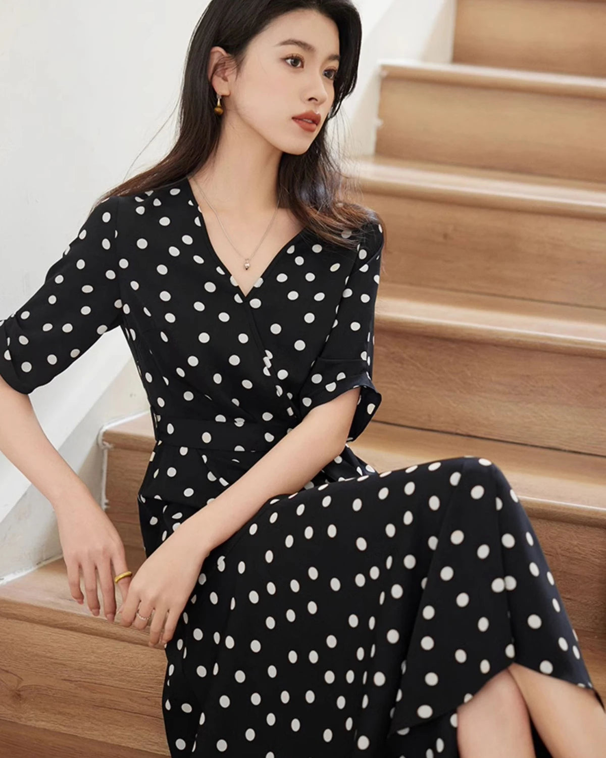 Flared Polka Dot Silk Dress, Black and White