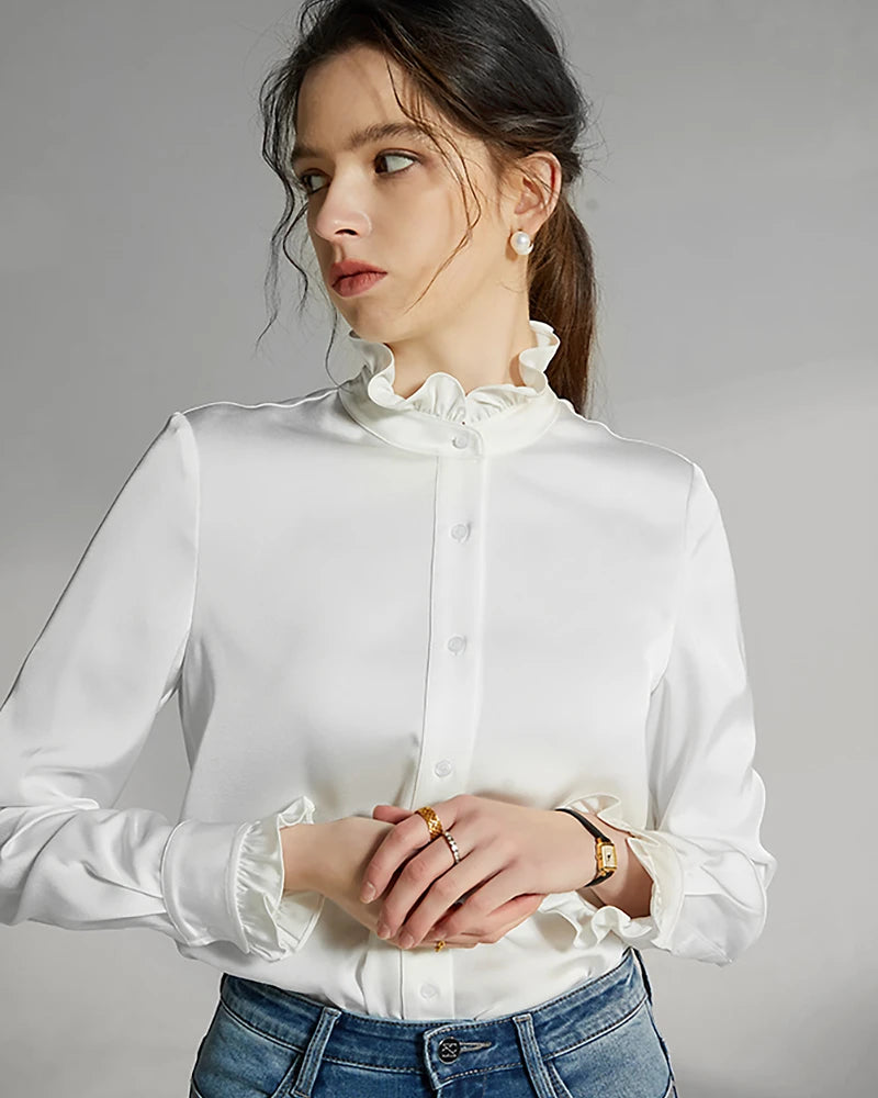 DaisySilk Ruffle Neck Shirt White Silk Ruffle Blouse Long Sleeve Women ...