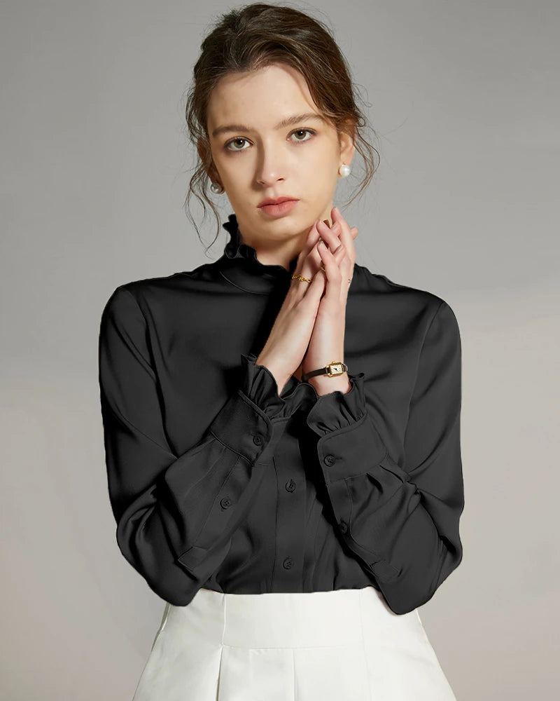 Stand Collar Silk Blouse with Ruffles, Black