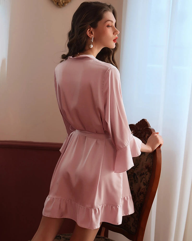 Washable Ruffle Bridal Robe Short Silk Robes, Pink
