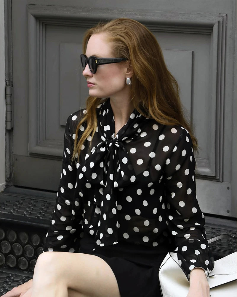 Sheer Polka Dot Silk Blouse, Black and White
