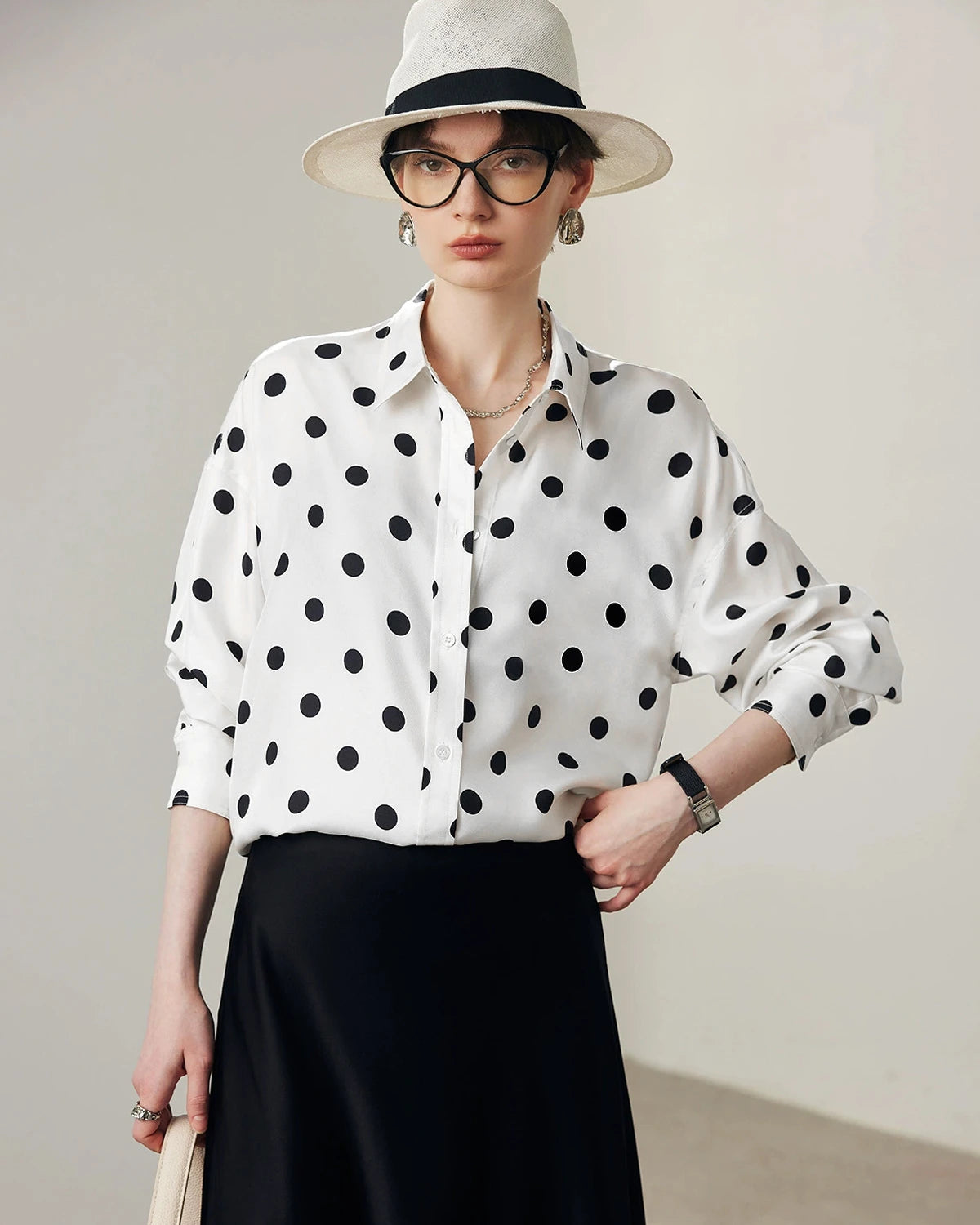 Polka Dot Silk Blouse, White and Black