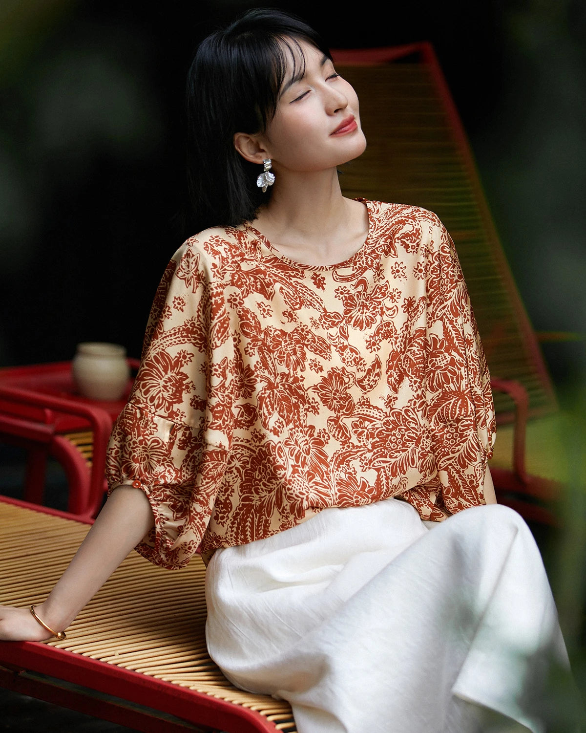 Terracotta Paisley Print Silk Blouse, Orange and Cream
