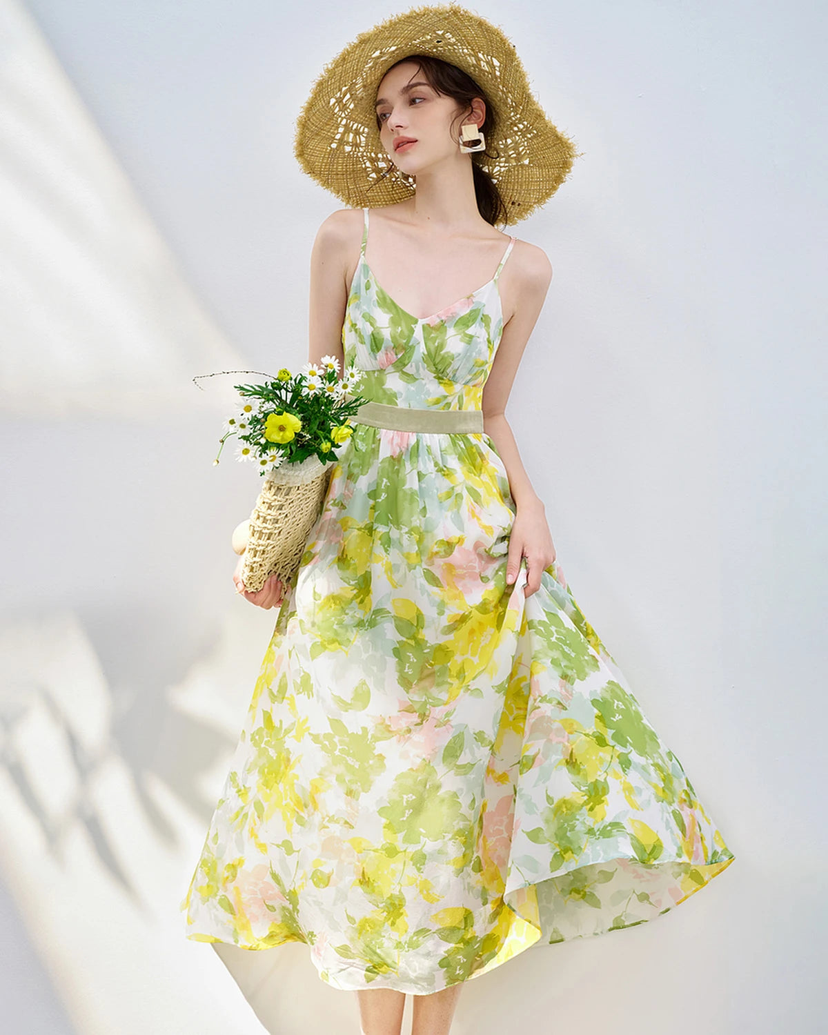 Silk Floral Sleeveless Midi Dress, Green