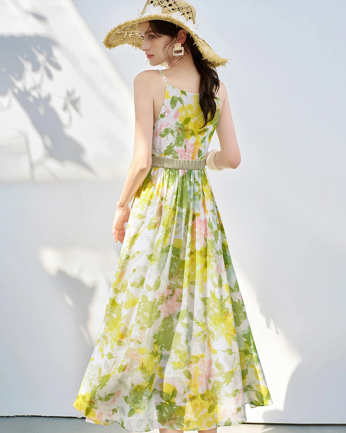 Silk Floral Sleeveless Midi Dress, Green