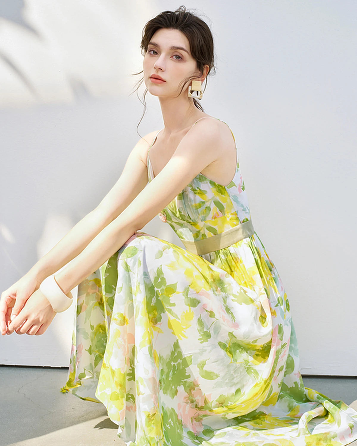 Silk Floral Sleeveless Midi Dress, Green