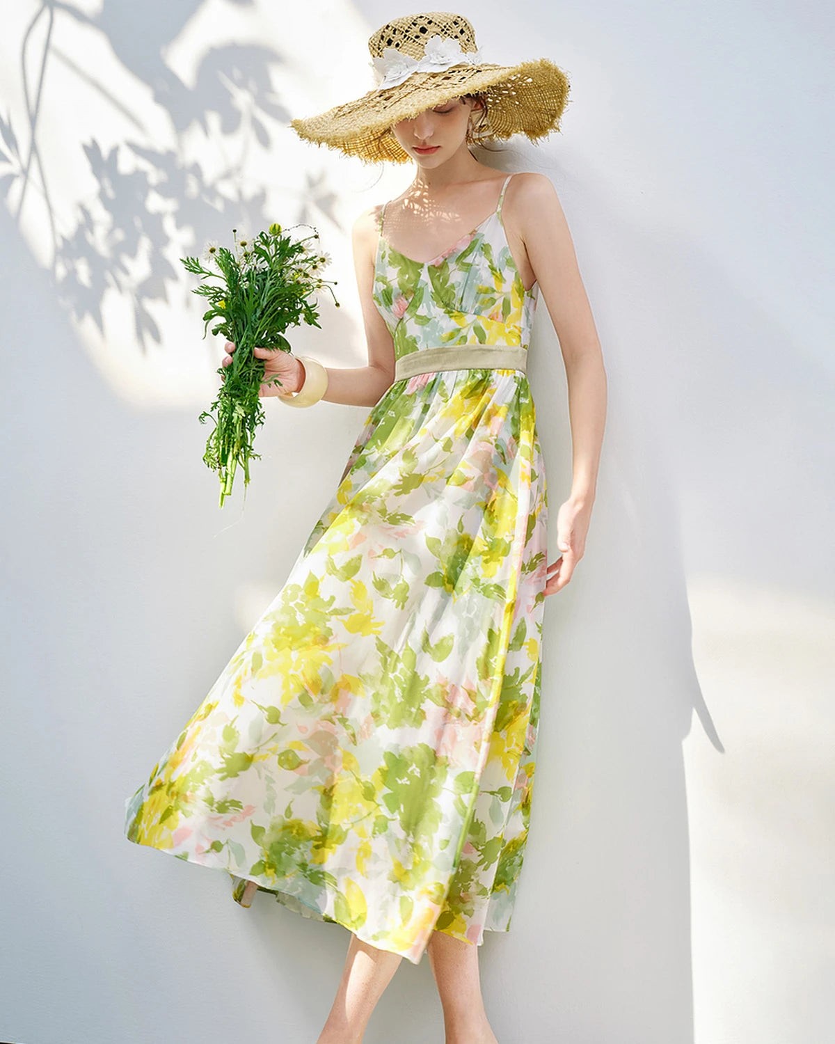 Silk Floral Sleeveless Midi Dress, Green