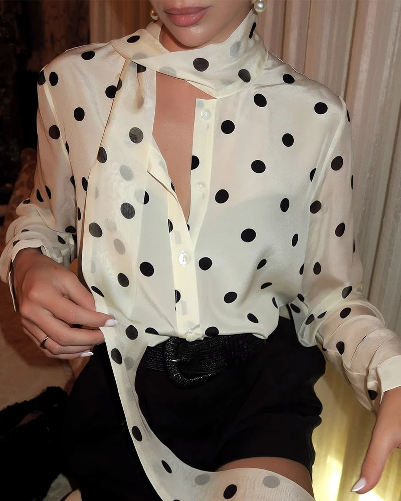 Polka Dot Tie Front Silk Blouse, Cream and Black