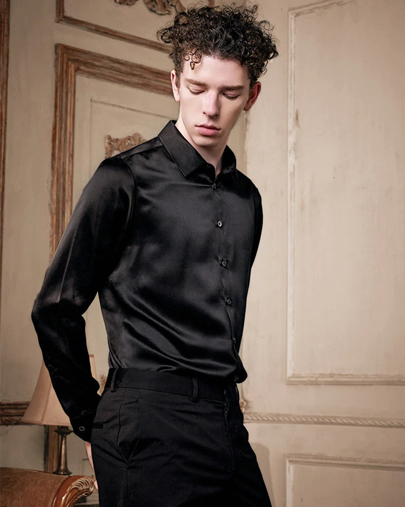 Men's Washable Long Sleeve Silk Shirt, Black
