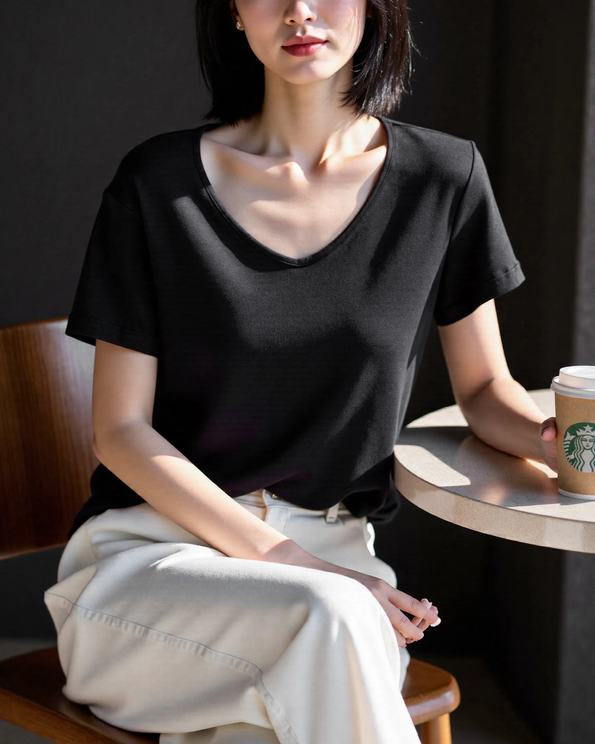 Women’s Silk Jersey V Neck Tee, Black