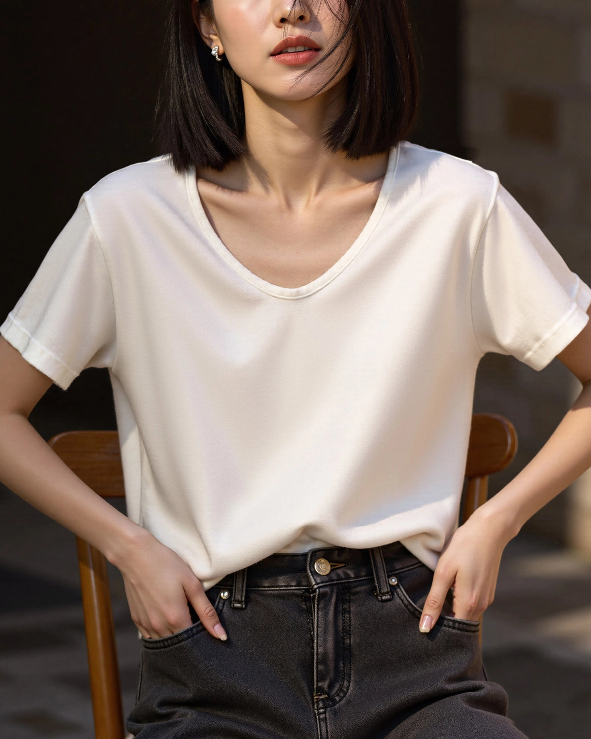 Women’s Silk Jersey V Neck Tee, White