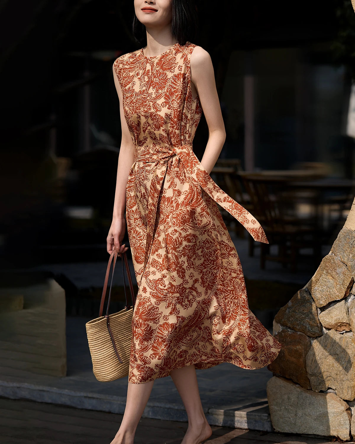 Terracotta Paisley Print Silk Dress, Orange