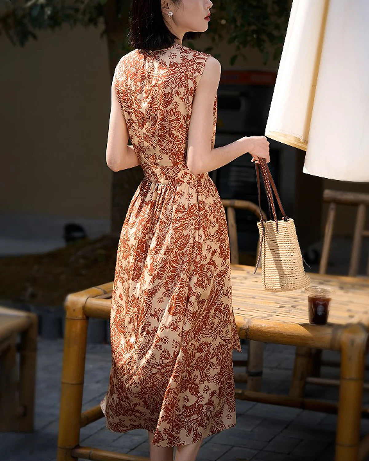Terracotta Paisley Print Silk Dress, Orange