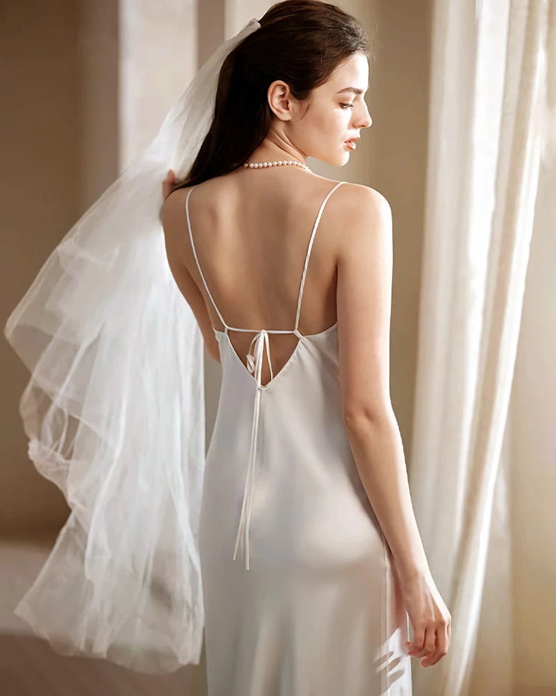 Long Washable Silk Slip Nightgown, White