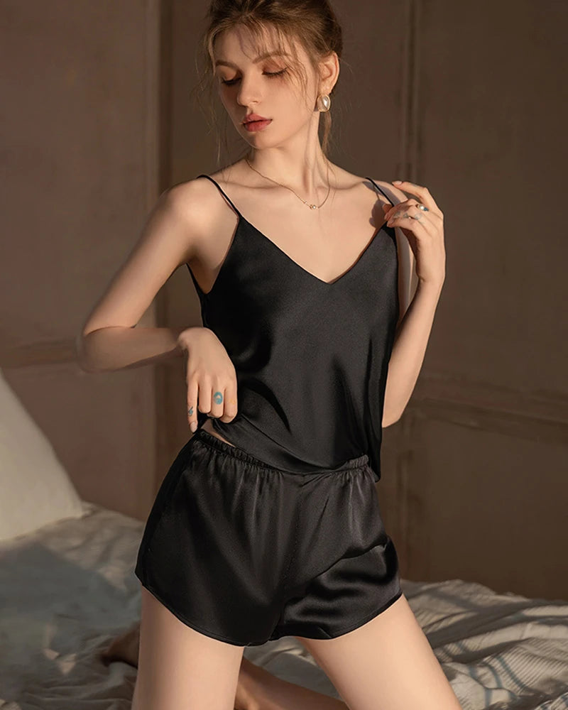 Washable Silk PJ Shorts Set, Black