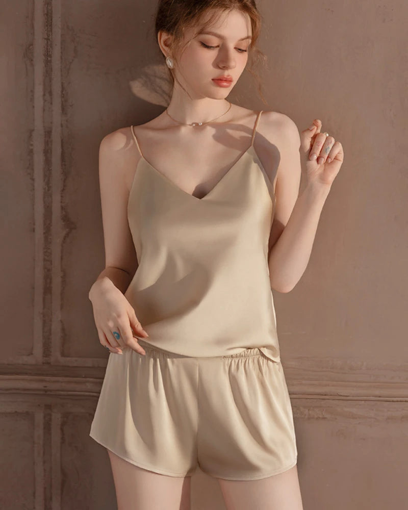 Washable Silk PJ Shorts Set, Champagne