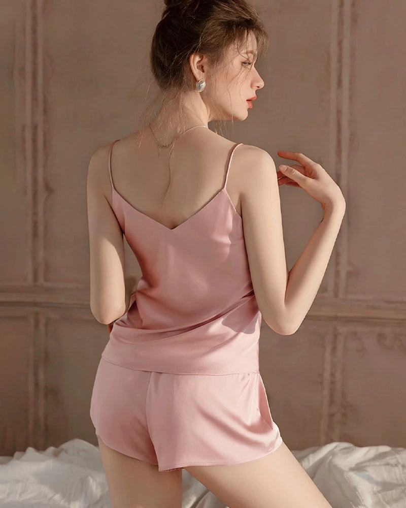 Washable Silk PJ Shorts Set, Pink