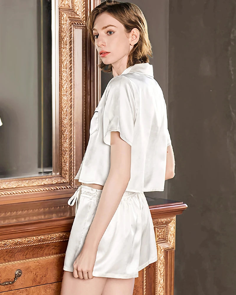 Cute Washable Silk Short Pajama Set, White