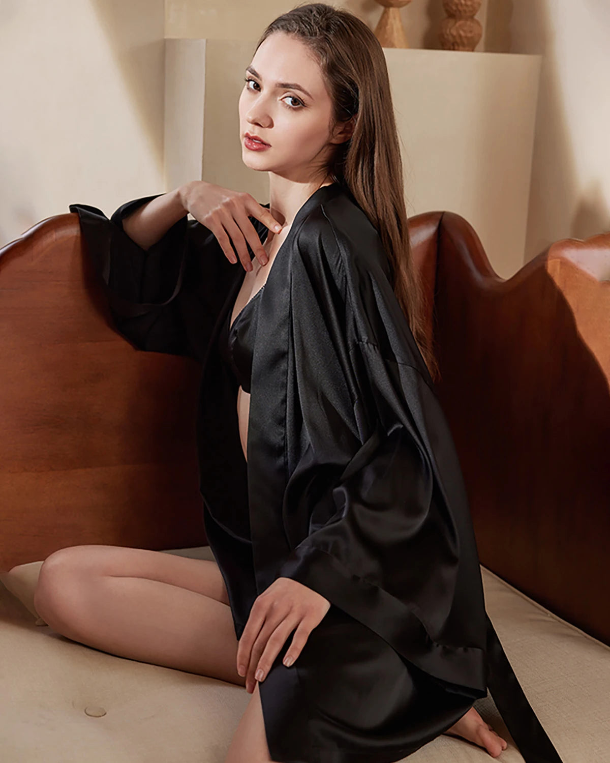 Washable Silk Short Robe for Women, Black