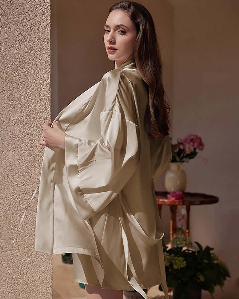 Washable Silk Short Robe for Women, Champagne