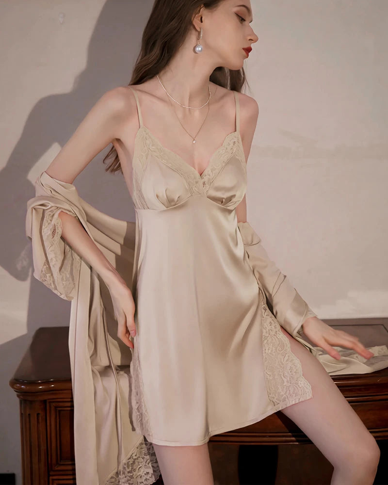 Washable Silk Lace Nightgown with Slit, Champagne