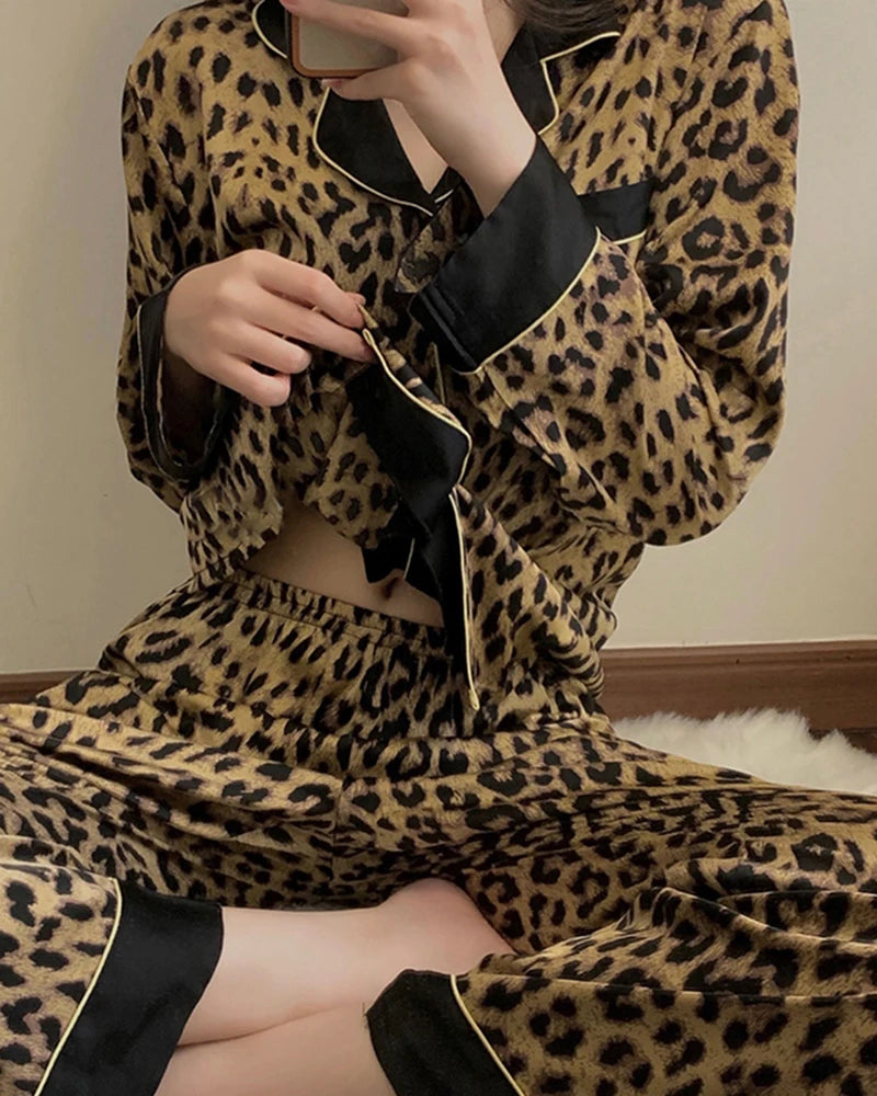 Wide Hem Leopard Silk Pajama Set, Leopard Print