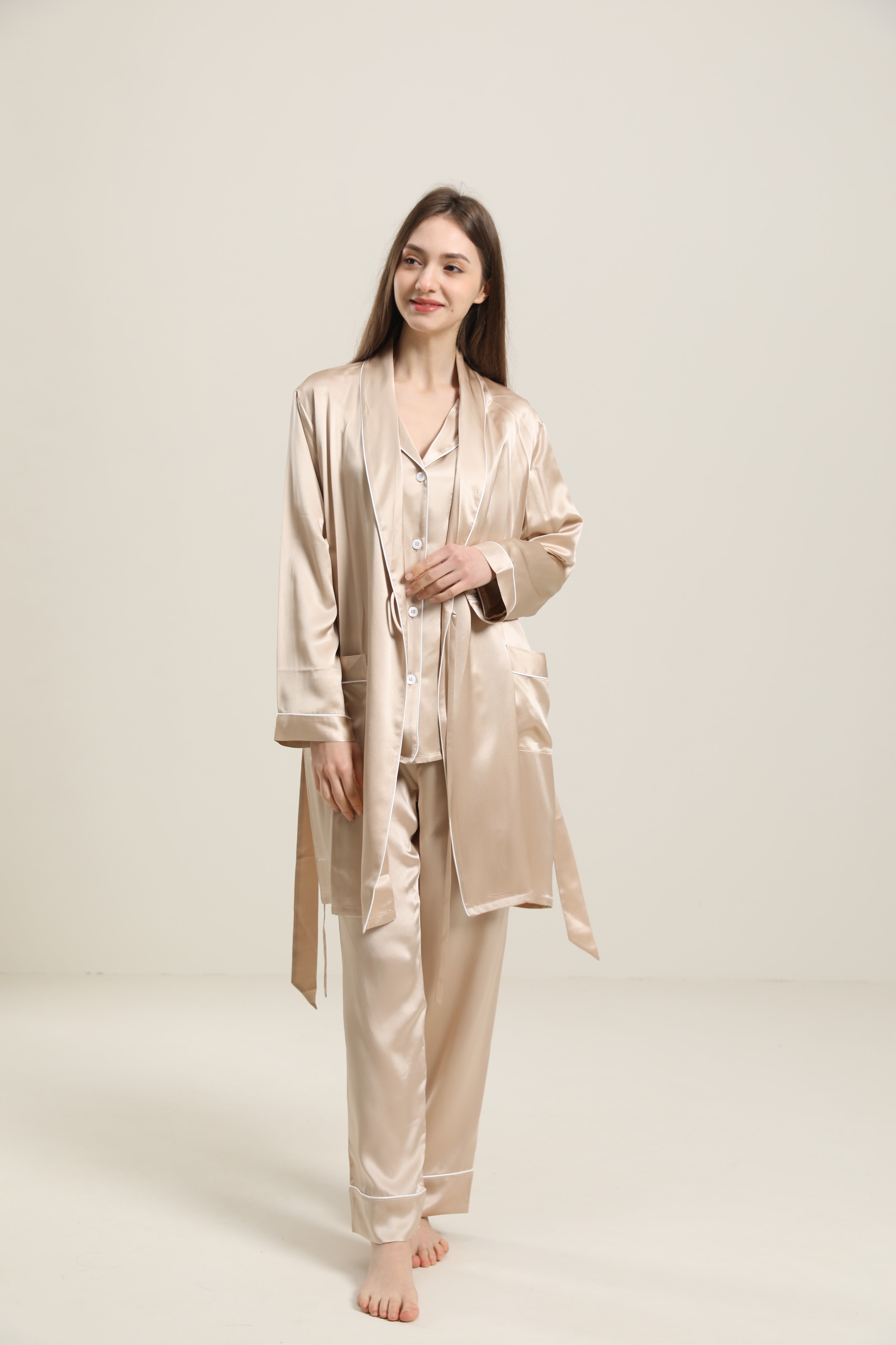  Classic Mid Length Silk Robe For Women, Champagne