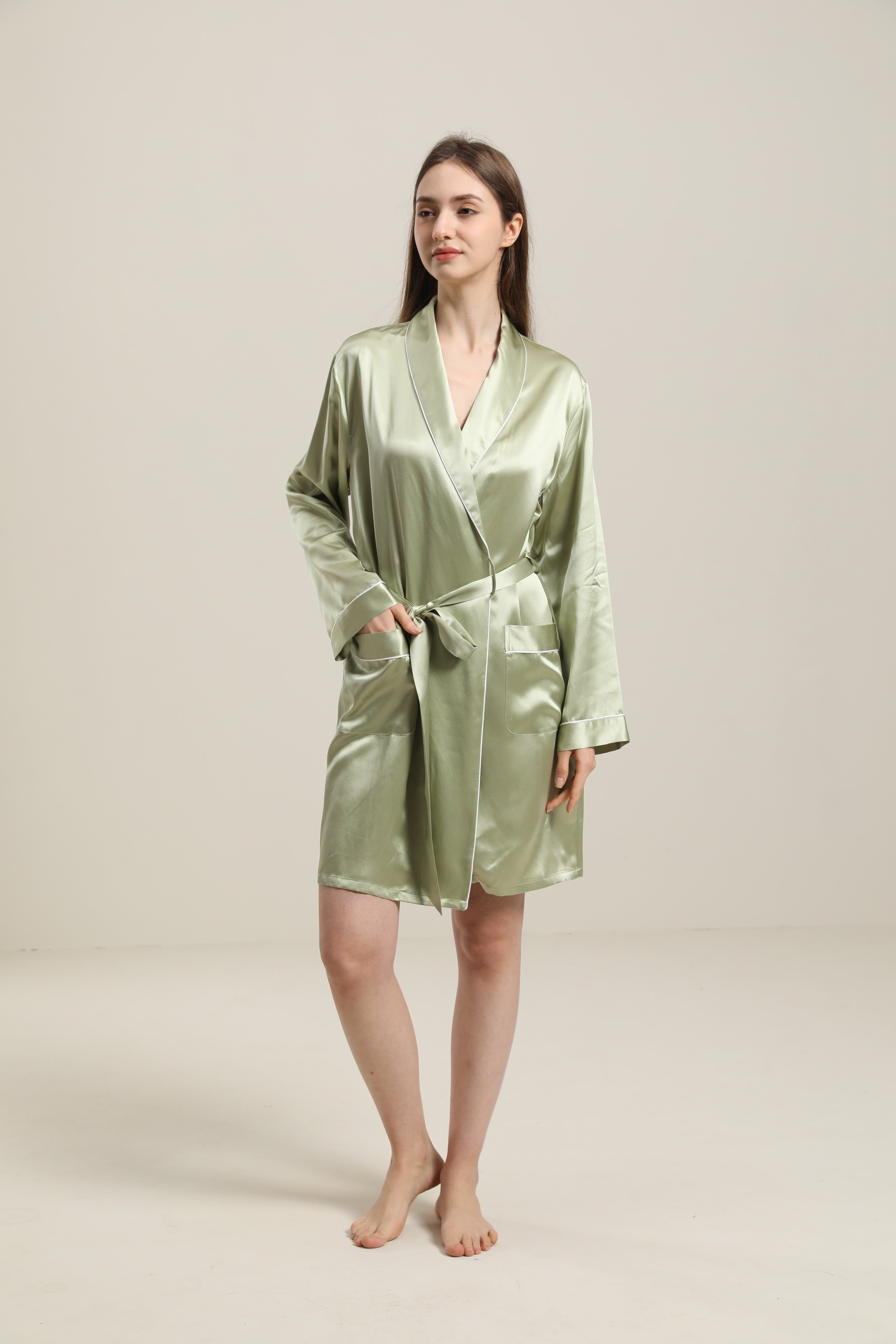  Classic Mid Length Silk Robe For Women, Green
