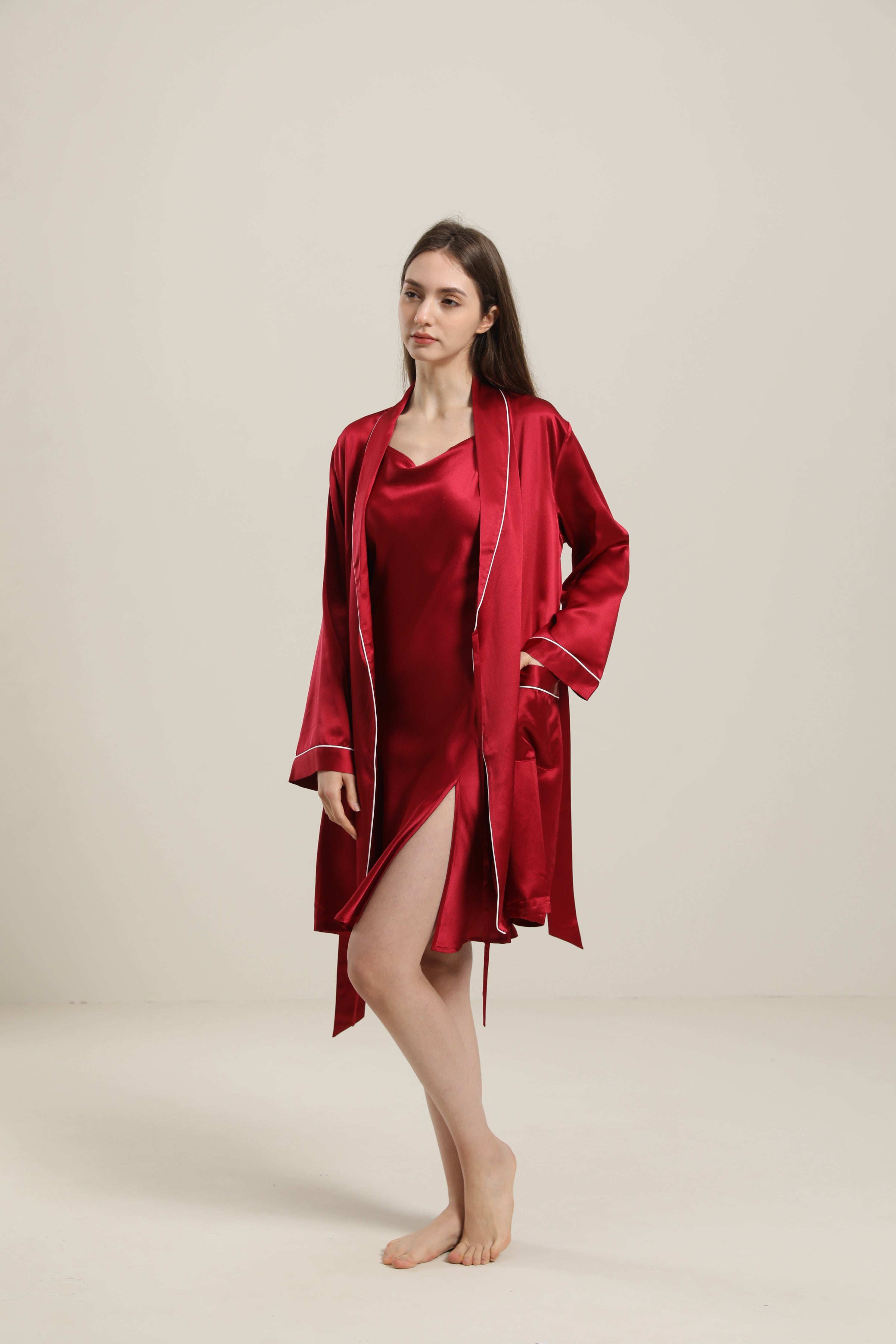  Classic Mid Length Silk Robe For Women, Burgundy