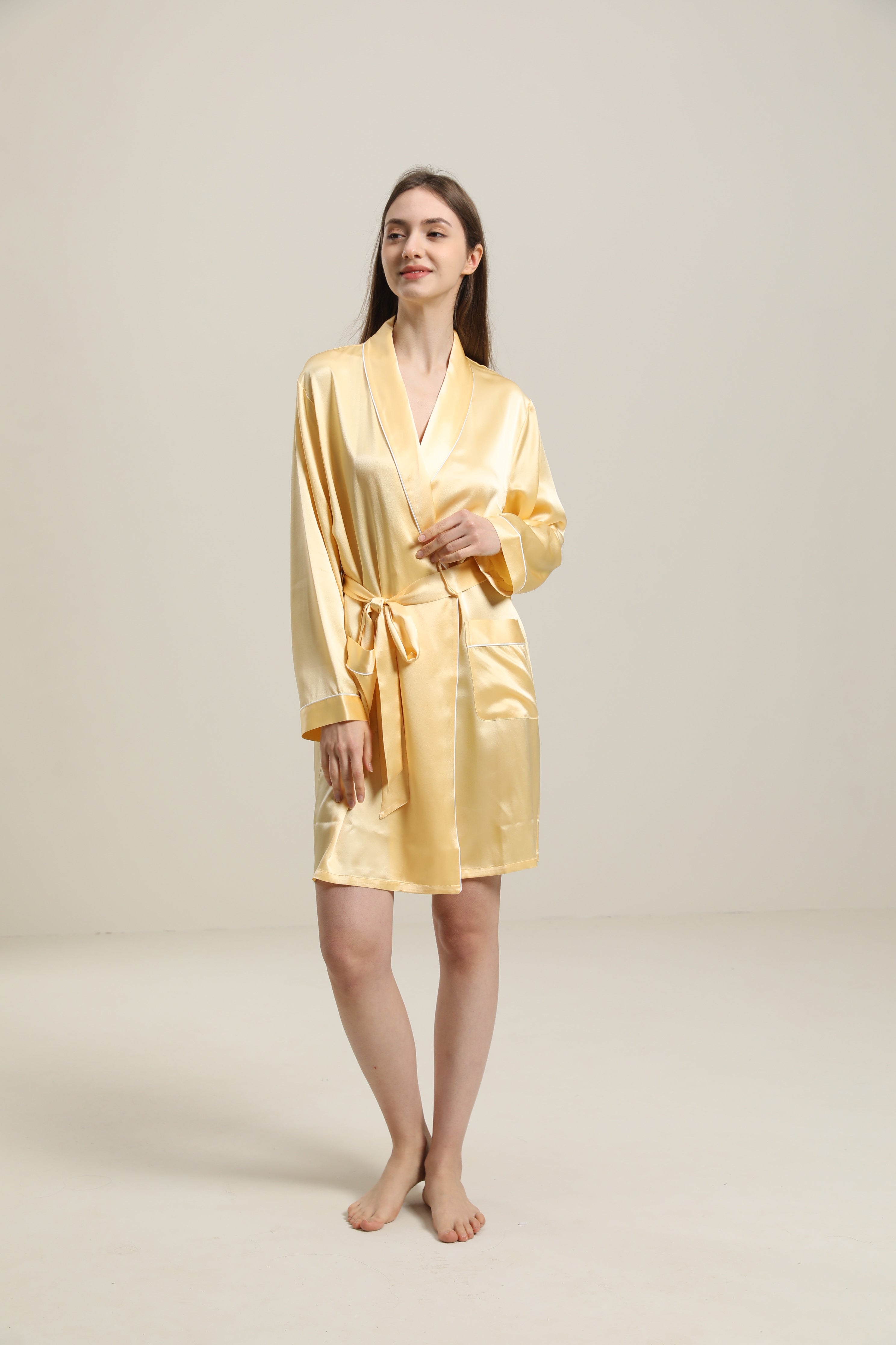  Classic Mid Length Silk Robe For Women, Gold
