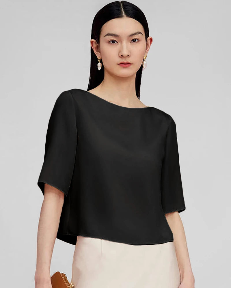 Half Sleeve Basic Silk Blouse, Black