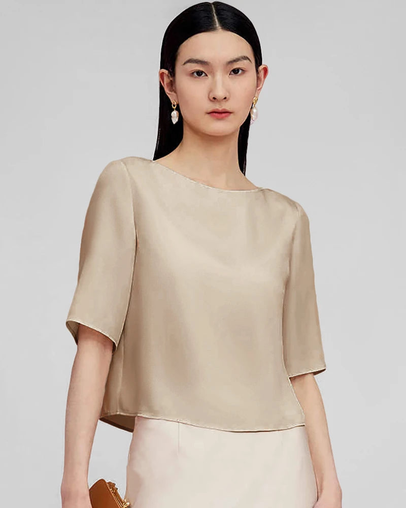Half Sleeve Basic Silk Blouse, Champagne