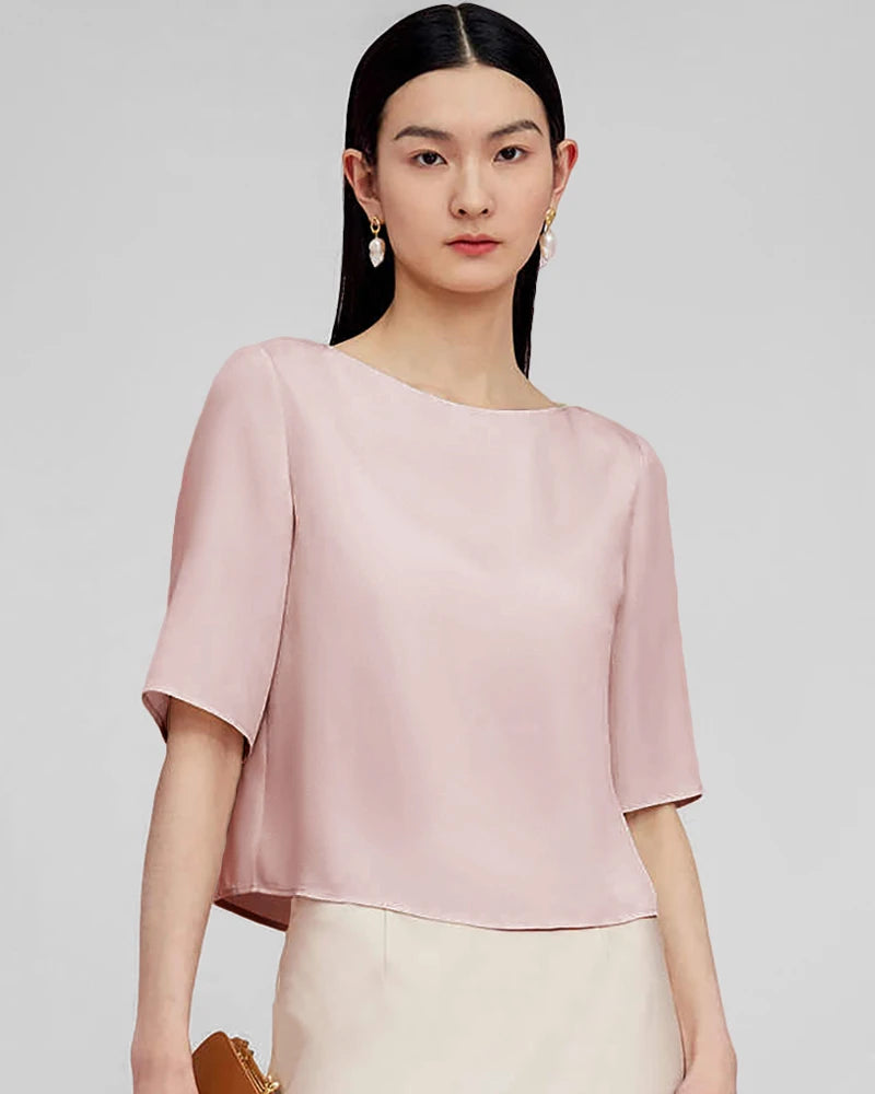 Half Sleeve Basic Silk Blouse, Pink