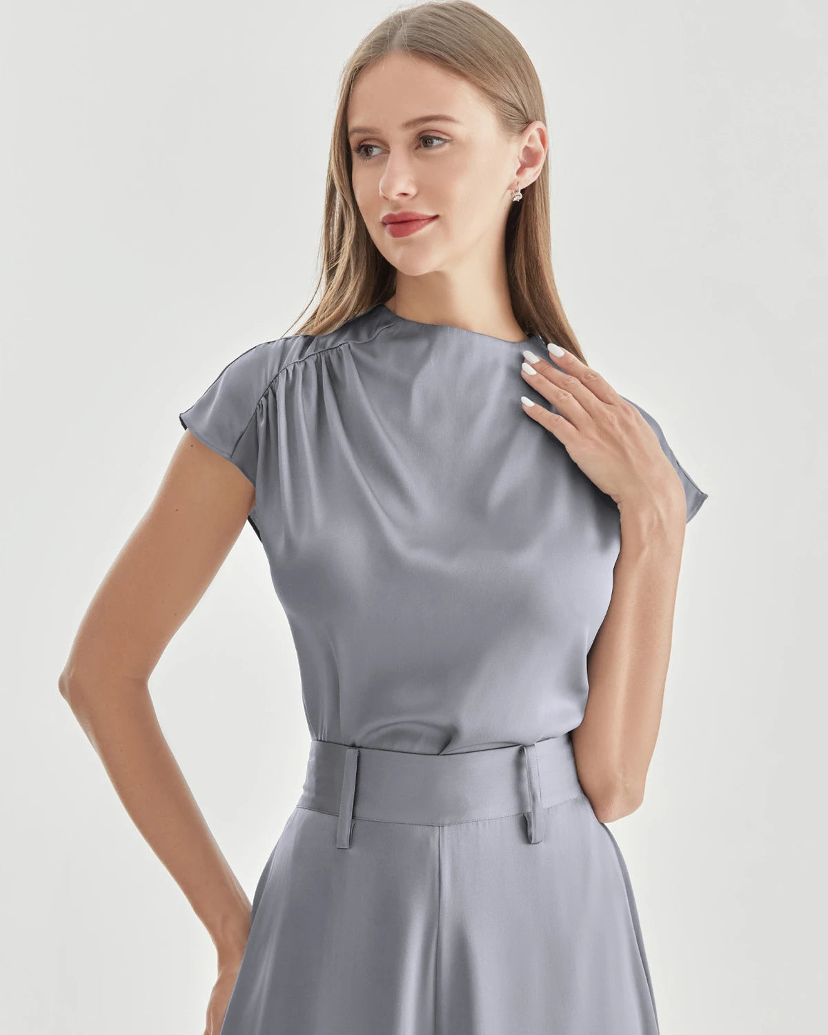 Stand Collar Cap Sleeve Silk Shirt, Light Grey