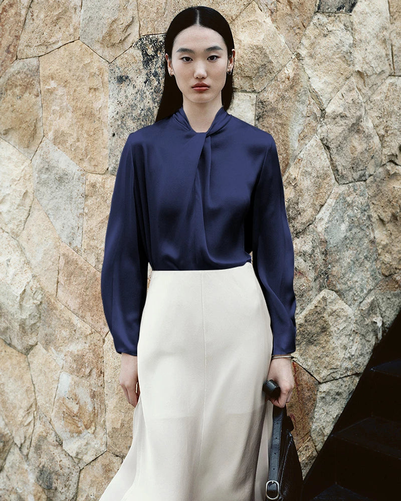 25 Momme Silk Knot Neck Long Sleeve Blouse - DAISYSILK