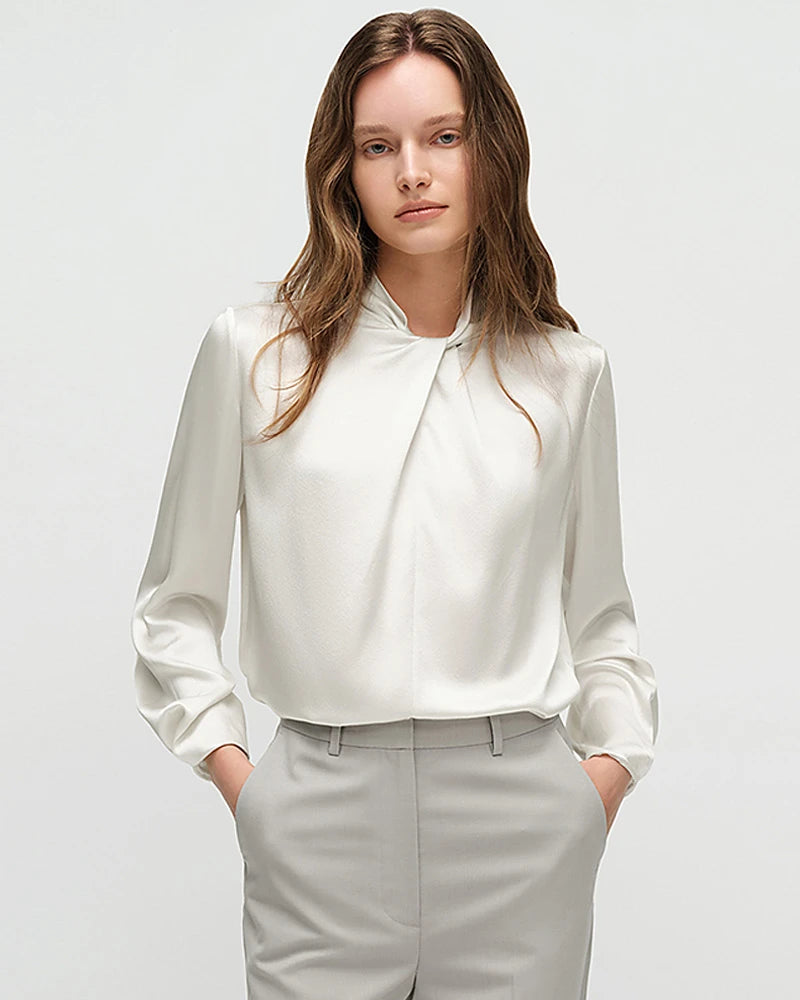 25 Momme Silk Knot Neck Long Sleeve Blouse - DAISYSILK